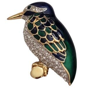 iG Brand Blue, Green Enamel Clear Rhinestone Bird On Branch Brooch E877